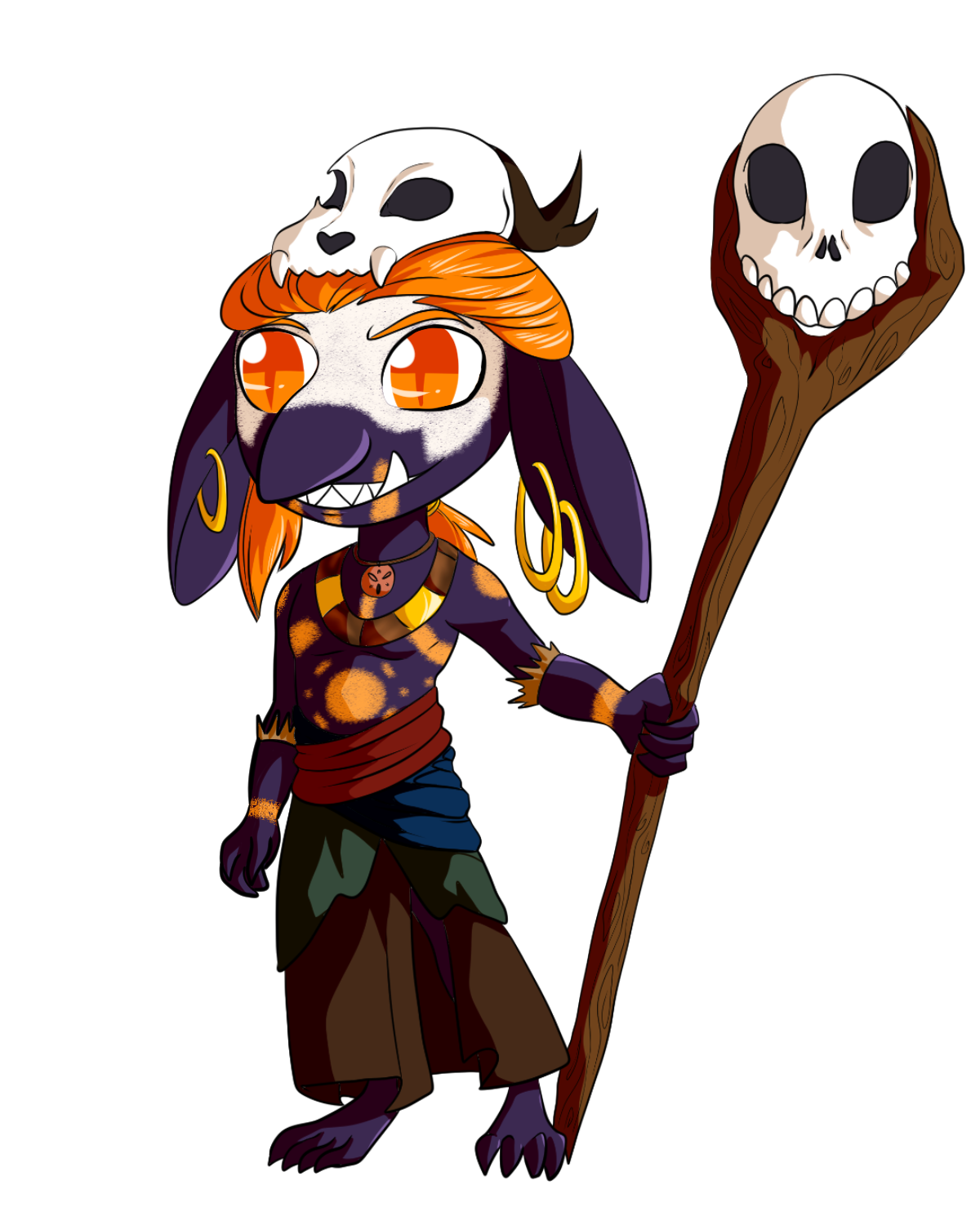 The Antagonist: a small shaman with a skull mask, orange hair, and a skull-topped staff.